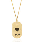 Anita I Love You – Neckpiece by Adele Dejak: a handcrafted 24K gold-plated pendant on a 47.5cm recycled brass chain, symbolizing heartfelt love and sustainable luxury-front view