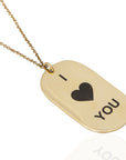 Anita I Love You – Neckpiece by Adele Dejak: a handcrafted 24K gold-plated pendant on a 47.5cm recycled brass chain, symbolizing heartfelt love and sustainable luxury-upside view