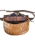 Handmade African inspired adama waist leather bag, brass zip, wax fabric-profile view