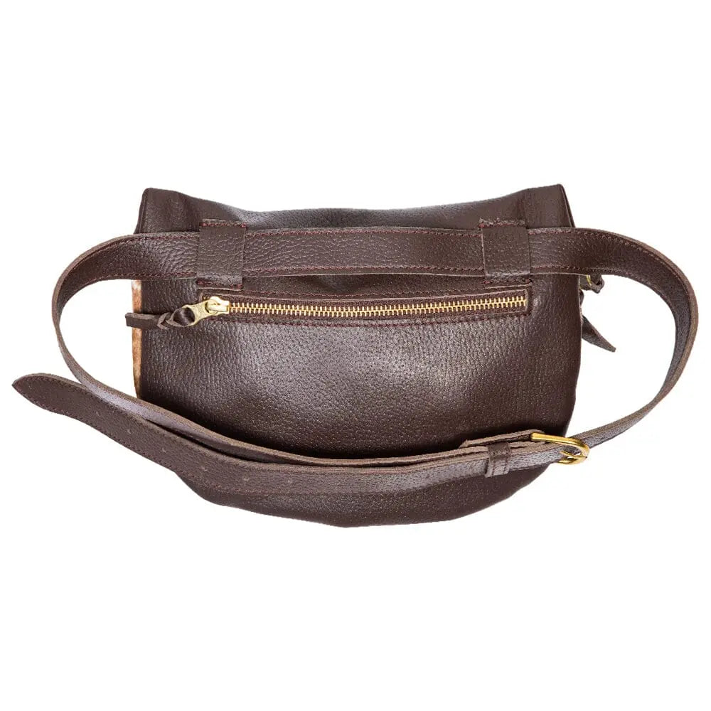 Handmade African inspired adama waist leather bag, brass zip, wax fabric-wide angle overview