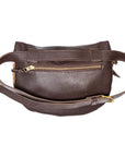 Handmade African inspired adama waist leather bag, brass zip, wax fabric-wide angle overview