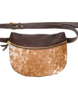 Handmade African inspired adama waist leather bag, brass zip, wax fabric-side view