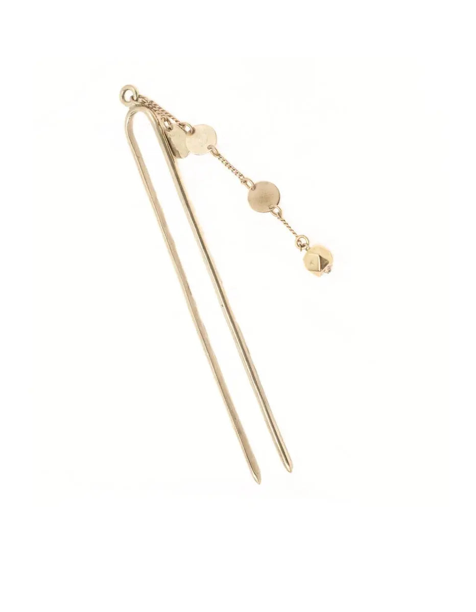 Adele Dejak's Airi Hairpin – handcrafted gold-tone brass hair accessory featuring a refined double-prong design with cascading chain details, blending African artistry with modern elegance-top wide angle view