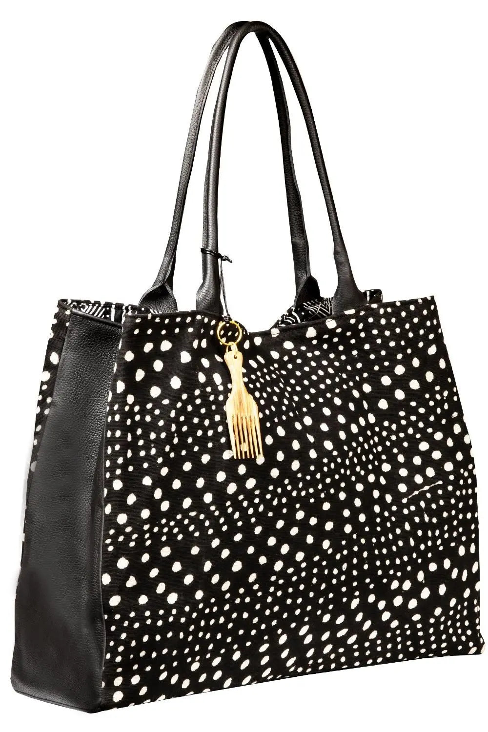 Stefania Mudcloth Bag - Spacious, versatile, African wax-lined, magnetic closure, zipped pocket, clutch included, perfect for office, travel, and daily essentials-diagonal view