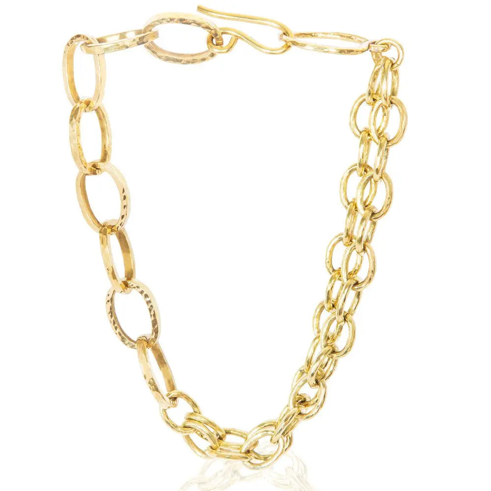 Zaafii Statement Necklace, crafted from durable brass, combines precision and style for an unforgettable look-over head view