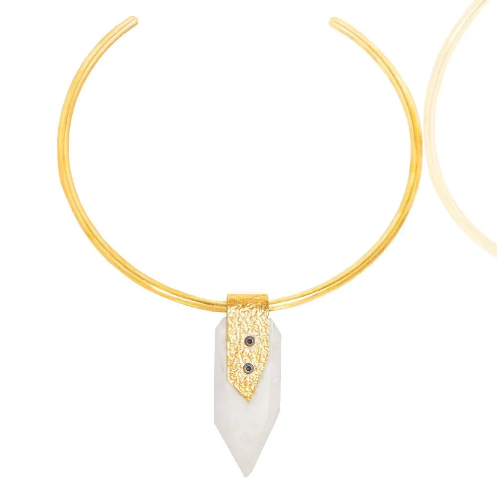 Zelda Quartz Spiritual Necklace: grounding quartz, mindful elegance, serene balance, spiritual connection, brass & eucalyptus, meaningful jewelry-front view