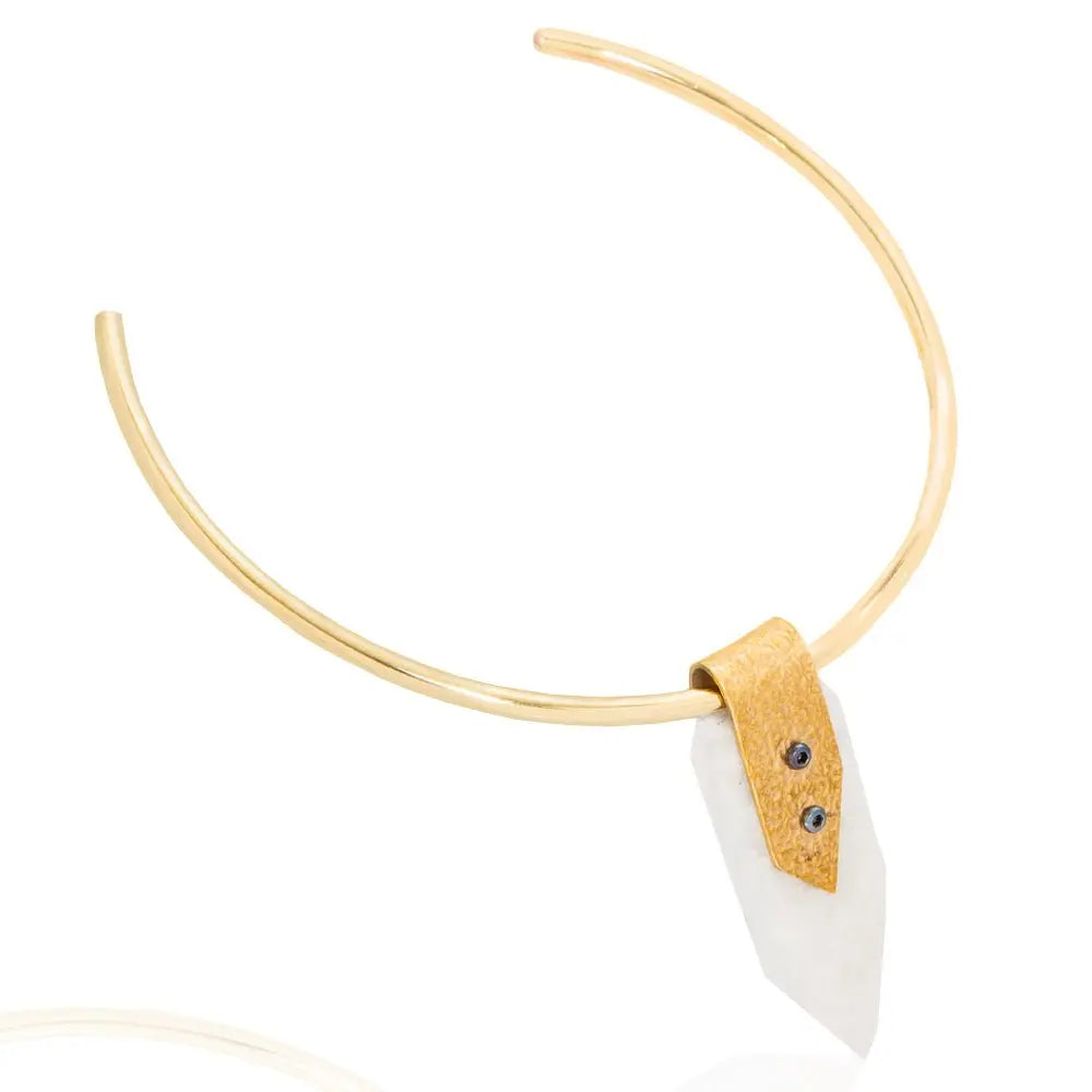 Zelda Quartz Spiritual Necklace: grounding quartz, mindful elegance, serene balance, spiritual connection, brass & eucalyptus, meaningful jewelry-side view