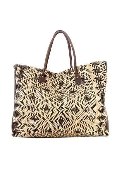 Stylish Bakuba cloth handbag, exotic African design, magnetic closure, Kitenge lining, brass accents, handmade in Kenya, versatile for work or play-side view
