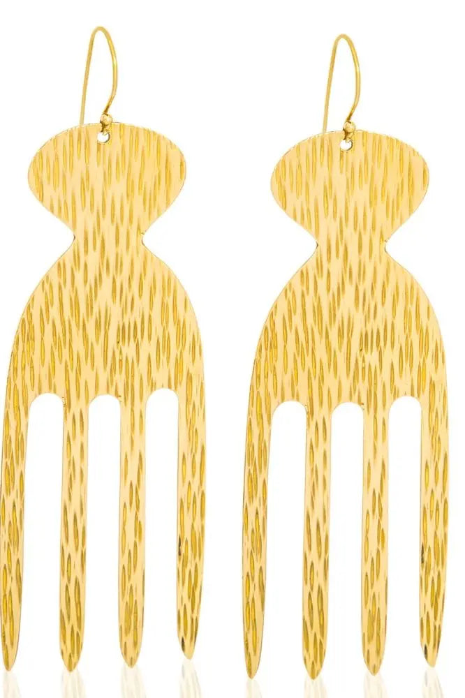 Gold-toned Tiara Afro Comb Earrings, celebrating heritage with artistic flair, perfect for meaningful gifts and standout looks-front view
